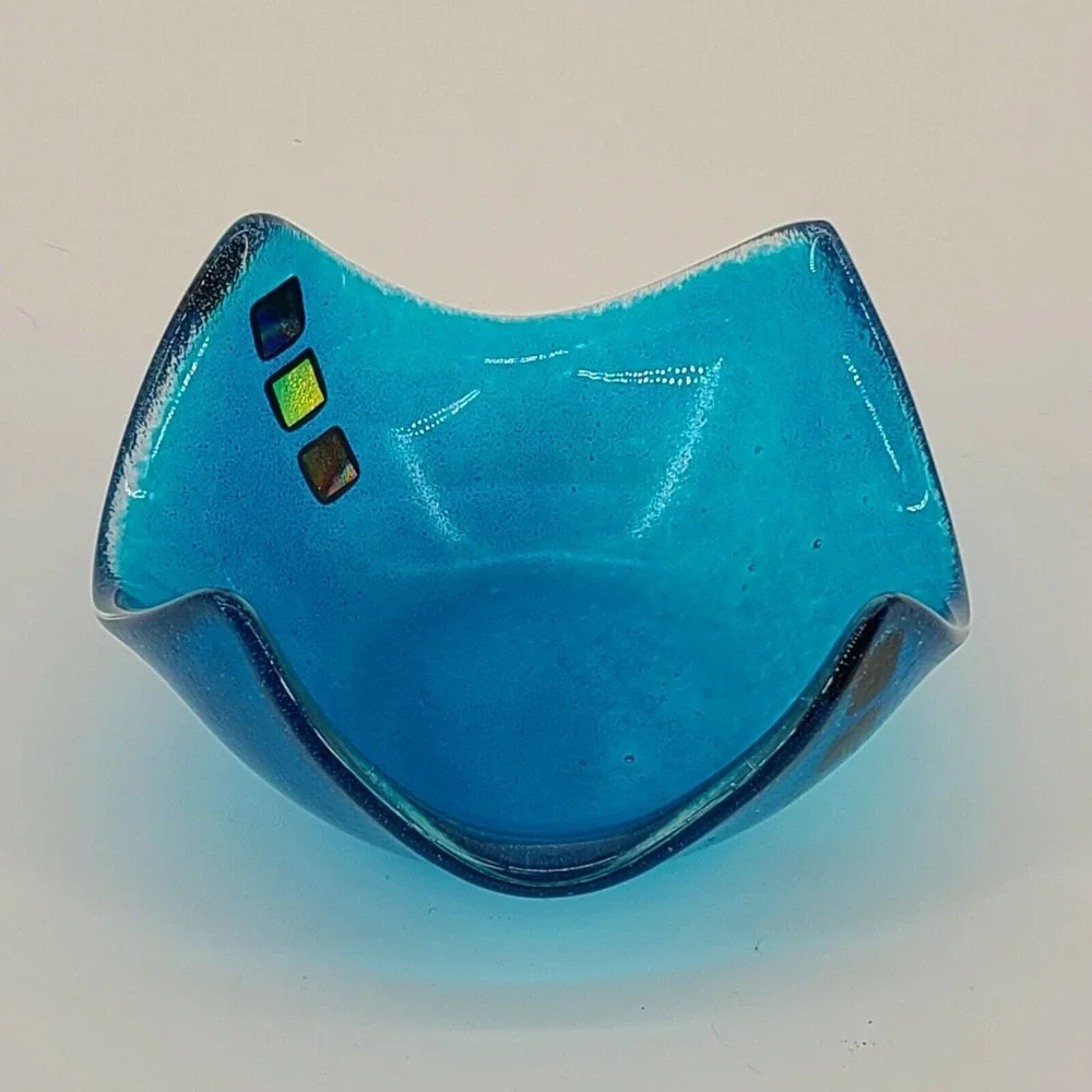 Kiln Arts Nova Scotia Blue Folded Art Glass Bowl Dichroic Squares Signed